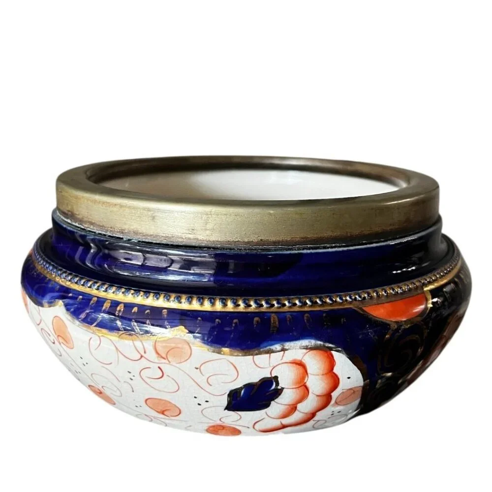 Antique A. Wood & Co Jardinière Bowl Cobalt Floral Gold Brass‎ Rim Crown Mark